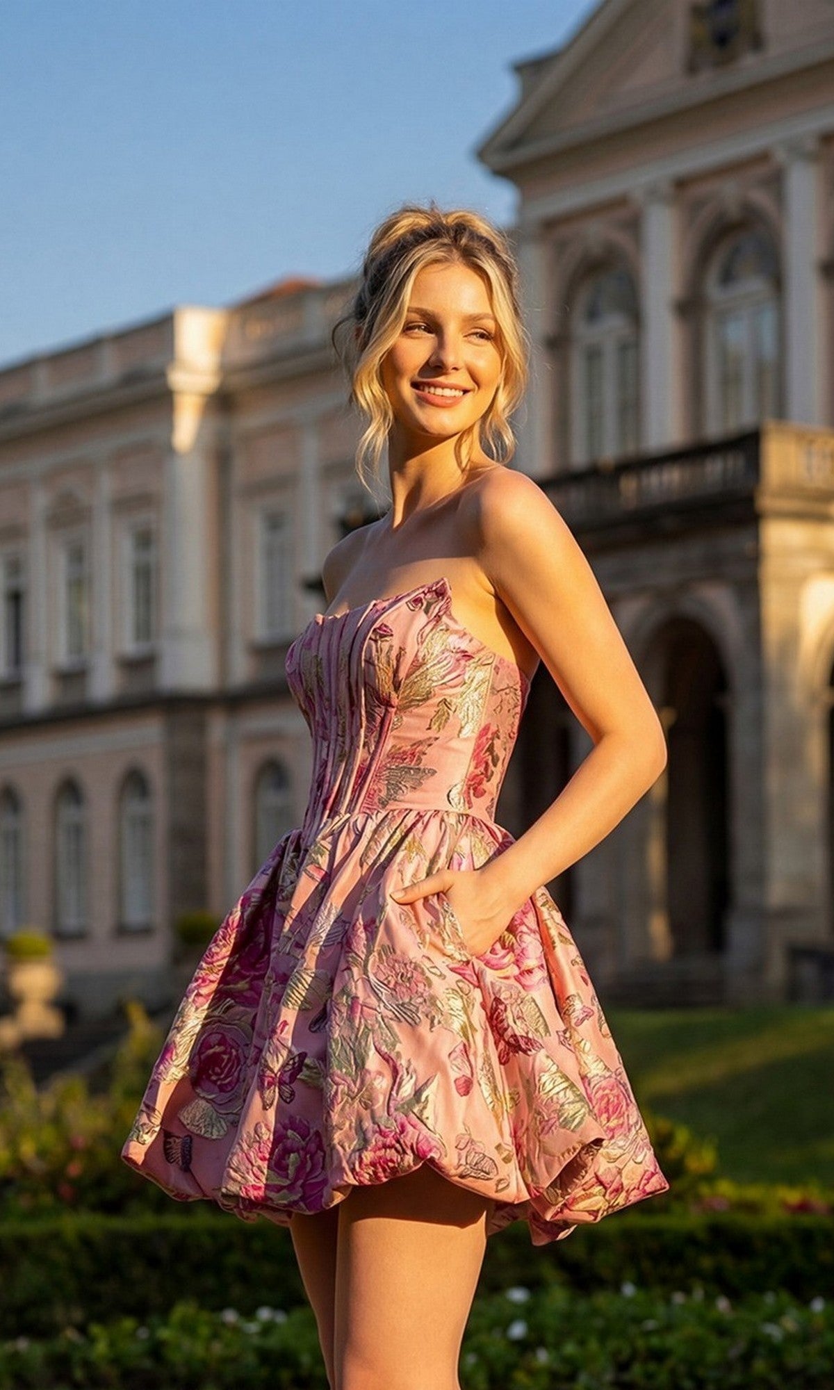 A woman in the Juliet JT7156H Short Homecoming Dress in Pink Floral stands outdoors, smiling, with a historic stone building and garden in the background.
